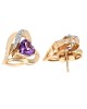 Amethyst and Diamond Open Ribbon Heart Stud Earrings in White and Yellow Gold